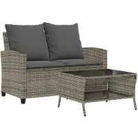 vidaXL Gartensofa 2-Sitzer mit Kissen & Tisch Grau Poly Rattan