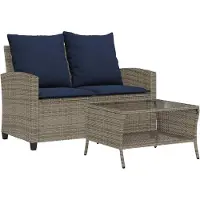 vidaXL Gartensofa 2-Sitzer mit Kissen & Tisch Grau Poly Rattan