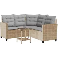 vidaXL Gartensofa in L-Form mit Tisch und Kissen Beige Poly Rattan