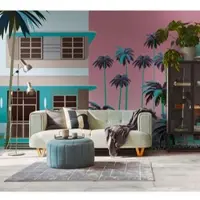 Living Walls Fototapete "THE WALL III Florida Tapete Motivtapete Palmen Stadt" matt glatt Vliestapete Gebäude für Schlafzimmer Küche Wohnzimmer Florida Design