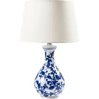 Beliani Tischlampe Weiß und Blau Porzellan Vasenform 48 cm Stoffschirm Trommelform Langes Kabel mit Schalter Modern Schlaf- u. Wohnzimmer Beleuchtung