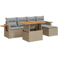 vidaXL 6-tlg. Garten-Sofagarnitur mit Kissen Beige Poly Rattan Akazie