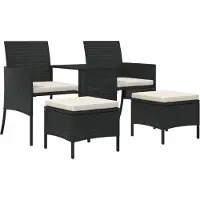 vidaXL Gartensofa 2-Sitzer mit Tisch und Hockern Schwarz Poly Rattan