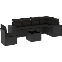 vidaXL 7-tlg. Garten-Sofagarnitur mit Kissen Schwarz Poly Rattan