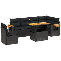 vidaXL 7-tlg. Garten-Sofagarnitur mit Kissen Schwarz Poly Rattan