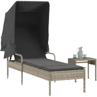 vidaXL Sonnenliege mit Dach und Tisch Hellgrau Poly Rattan