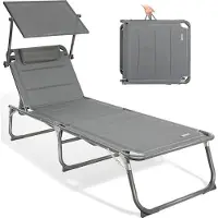 Homecall Sonnenliege klappbar – Gartenliege aus Aluminium mit 5-fach verstellbarer Rückenlehne, Sonnenschutz und Kopfstütze, bis 180 kg belastbar - grau