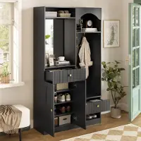 OKWISH Multifunktionaler Garderobensets mit Spiegel und Haken, Flurschrank mit Schuhschrank und Sitzbank,Flurgarderobe in Schwarz