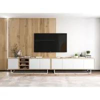 Meble Lindner 2 Stk TV-Schrank Apollo + Apollo 2 TV Loft Style Weiße Metall Fußgestell Modern Lindner Möbel 300cm x 53cm x 35cm Farbe: Wotan Eiche matt - weiß matt