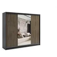ALTDECOR Kleiderschrank mit Spiegel und Lamel-Schiebetüren, kugelgelagerte Führungsschienen und Aluminium-Leisten - VILO - 250 cm - Schwarz/Lamelle Eiche Wotan