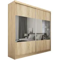 ALTDECOR Kleiderschrank mit Spiegel und Schiebetüren, kugelgelagerte Führungsschienen und Aluminium-Leisten, mit LED-Beleuchtung und Fernbedienung - CELI - 200 cm - Sonoma