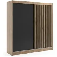 ALTDECOR Kleiderschrank mit Lamel-Schiebetüren, kugelgelagerte Führungsschienen und Aluminium-Leisten, LED-Beleuchtung und Fernbedienung - VILO - 200 cm - Sonoma Eiche/Lamelle Eiche Wotan