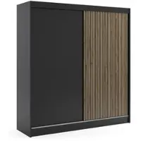 ALTDECOR Kleiderschrank mit Lamel-Schiebetüren, kugelgelagerte Führungsschienen und Aluminium-Leisten, LED-Beleuchtung und Fernbedienung - VILO - 200 cm - Schwarz/Lamelle Eiche Wotan