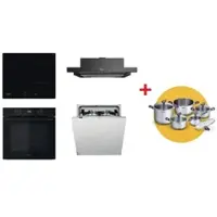Whirlpool Backofen OMK58CU1SB + Induktionskochfeld WSQ7360NE + Geschirrspüler WIC3C26F + Dunstabzugshaube AKR7491NB