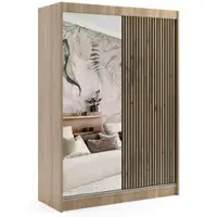 ALTDECOR Kleiderschrank mit Spiegel und Lamel-Schiebetüren, kugelgelagerte Führungsschienen und Aluminium-Leisten, LED-Beleuchtung und Fernbedienung - VILO - 150 cm - Sonoma Eiche/Lamelle Eiche Wotan