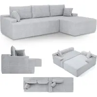 Juskys Sofa Coredo - Hellgrau, moderne Couch aus Cord mit Kissen, Ottomane rechts