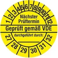 Böttcher-AG Prüfplaketten Nächste Prüftermin geprüft gem. VDE, 2027-2032, gelb, Ø 30 mm, 1.000 Stück