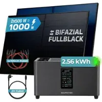 SUNNIVA 1000W Balkonkraftwerk mit 2,56 kWh Speicher MARSTEK Jupiter C + Plus, BIFAZIAL FULLBLACK komplett Steckdose, PV Solaranlage Komplettset mit Solarspeicher, 2x 500W N-Type Glas Bifacial PV