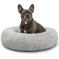 Lionto Donut Hundebett, rundes Hundesofa mit Plüschbezug & Anti-Rutsch-Noppen, weich & gemütlich, 70 cm Durchmesser, hellgrau
