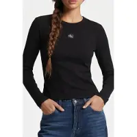 Calvin Klein Ls Woven Label 2x2 Top Black Größe: M | Longsleeves Outlet | Damen | Schwarz