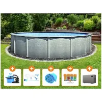 Steinbach , Aktionsangebot Stahlwand Swimming Pool Set "Grande rund", Ø 457 x 135 cm, Zubehörset M (inkl. Filteranlage, Grundreinigungsset, Chlor Starterset, Solarabdeckplane, Wärmepumpe)
