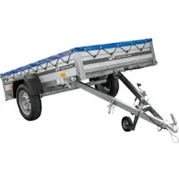 UNITRAILER PKW-Anhänger mit ALU-Bordwänden 230x125 Garden Trailer 230 KIPP ALU mit blauer Flachplane und Flachplanenträger