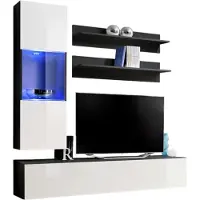 Meublorama Möbelstück TV FLY H3 Design, Farbtöne Schwarz und Weiß glänzend. Modernes und trendiges hängendes Möbel für Ihr Wohnzimmer.