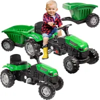 Malplay Großer Traktor mit Anhänger XXL Tretfahrzeug verstellbarer Sitz belastbar Lenkrad mit Hupe bis 50 kg Kinder ab 3 Jahren Grün