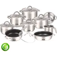 DMS Edelstahl Topfset 15-teilig mit Glasdeckel, Induktion Kochtopf Kochgeschirr