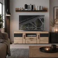 Lomadox Wohnzimmer Wohnwand mit 157 cm Lowboard & Wandboard in Eiche mit Grau, 2-teilig - GRAHAM-129