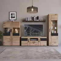 Lomadox Wohnzimmer Wohnwand mit 157 cm Lowboard in Eiche mit Grau, inkl. Beleuchtung, 4-teilig - GRAHAM-129