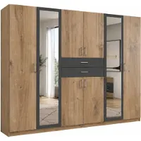 Luma-home Drehtürenschrank Kleiderschrank 270 cm Schubkästen Spiegel Eiche Nachbildung und Grafit / 22596