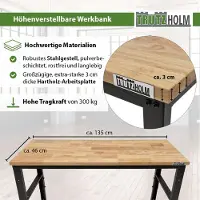Baumarktplus Werkbank höhenverstellbar 135x46x88-97 cm 300 kg Stahlgestell Hartholzplatte Werktisch Arbeitstisch