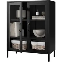 Jan Nowak Vitrinenschrank klein GINA 3 Ebenen Metall Glasvitrine Bücherschrank Büroschrank Aktenschrank Glasfenster Metallschrank 101,5x80x40cm Schwarz