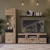 Lomadox Wohnzimmer Wohnwand mit Vitrine in Eiche mit Grau, inkl. Beleuchtung, 3-teilig - GRAHAM-129