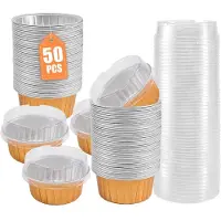 Melitt Dessert Becher mit Deckel, 50 Pack Gold Aluminum Folie Backen Becher Halter, Cupcake Backen Utility Ramekin Klar Pudding Becher