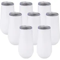 Melitt 8 Packungen ChampagnerflöTen Weinbecher Ohne Stiel, 6 OZ Doppelisolierter Wein Becher mit Deckel Cocktail Becher Weiß