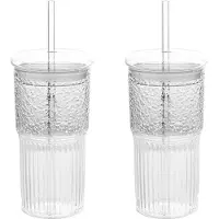 Wella 2X 600 Ml Glasbecher, Milchkaffeetasse mit Deckel und Strohhalm, Transparent, Gestreift, Wasserbecher, Becher, TrinkgläSer, Saft, Teetasse