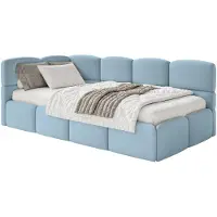 Selsey Cloudy – Kinderbett 120x200, Kopfteil links, Matratze & Bettkasten, Samt Hellblau