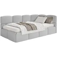 Selsey Cloudy – Kinderbett 120 cm, Bettkasten, 2x Rausfallschutz, Chenille, rechts, Hellgrau