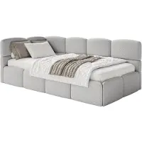Selsey Cloudy – Jugendbett 90x200 cm, linksseitig, mit Bouclé-Bezug und Rausfallschutz, Greige