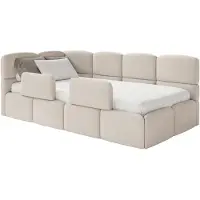 Selsey Cloudy – Kinderbett 120 cm, Bettkasten, 2x Rausfallschutz, Chenille, links, Creme