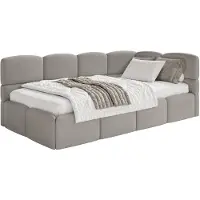 Selsey Cloudy – Kinderbett 120 cm, Bettkasten, 2x Rausfallschutz, Chenille, rechts, Hellbraun