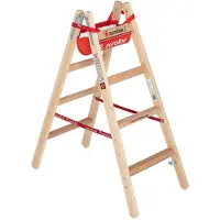 Euroline Holz Sprossenstehleiter mit Comfort-Breitsprossen, Eimerhaken und Werkzeugablagetasche 2x4 Sprossen