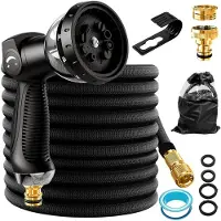 Markenlos Flexibler Gartenschlauch – Ausziehbarer Wasserschlauch mit 10-Wege-Gartenbrause, 3/4 Zoll & 1/2 Zoll Messinganschlüssen, Knickfest und Dehnbar, Belastbar (Schwarz, 7,5 m)