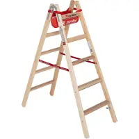 Euroline Holz Sprossenstehleiter mit Comfort-Breitsprossen, Eimerhaken und Werkzeugablagetasche 2x5 Sprossen