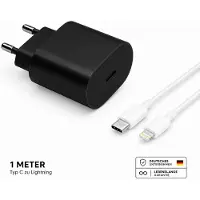 H24z 25W USB-C Ladegerät mit Kabel – Netzteil, Adapter & Schnellladestecker für iPhone & Samsung – Schwarz / Lightning 1 Meter