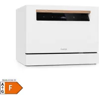Klarstein Lagoona Mini-Geschirrspüler freistehend, , Leistung: 1380 Watt, 6 Standardgedecke, Wasserverbrauch: 6,5 L 7 Programme plus Extra-Trocknung, 49 dB, schwarzes Touch-Bedienfeld, weiß