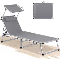 Homecall Sonnenliege klappbar – Leichte Gartenliege aus Aluminium mit 5-fach verstellbarer Rückenlehne Sonnendach und Nackenkissen grau