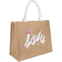 StyleBREAKER Leinen Henkeltasche mit LOVE Statement Print und Blumenmotiv | Damen Shopper mit Reißverschluss | Sommer Strandtasche 41 x 33 x 17 cm